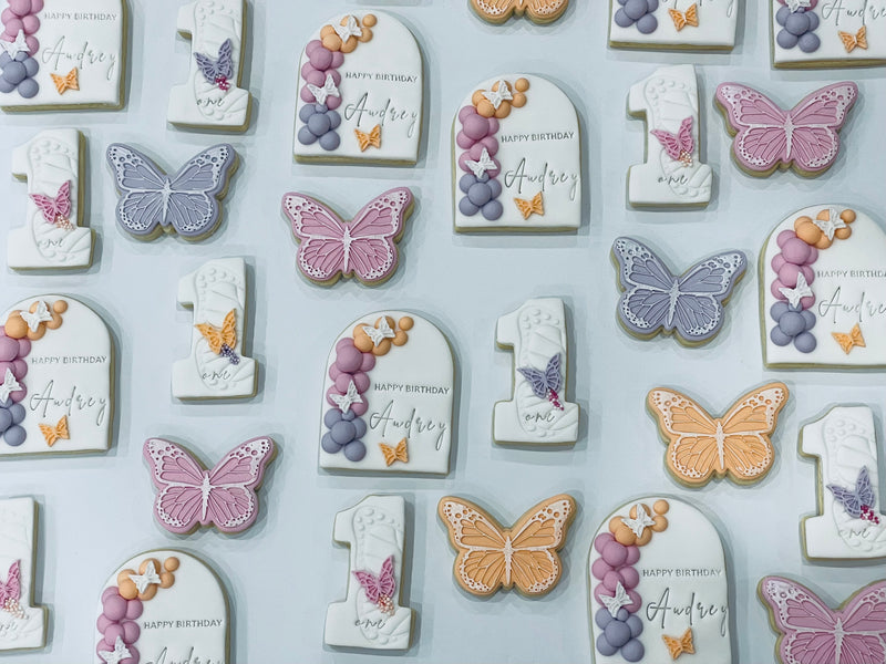 Personalised Fondant Butterfly Cookies in Pink and Orange with White Arch Cookies