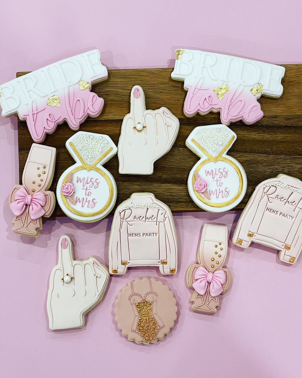 Personalised Wedding Cookies with Bride to Be Cookie, White Finger Cookie and Champagne Flute Cookie