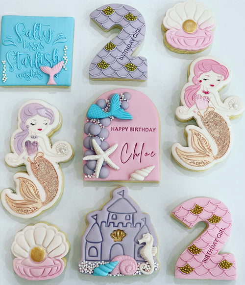 Pink Mermaid Cookies with arch Happy Birthday Cookie with starfish and mermaid tail