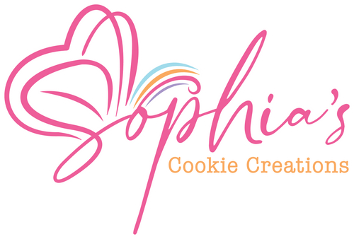 Sophias Cookie Creations logo in Pink with Rainbow and Butterfly Shadow