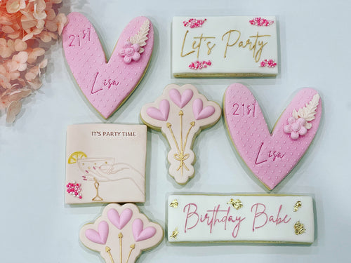 21st Birthday Party Cookies with Pink love heart birthday cookies.  Its party time white and gold square cookie and  love heart balloon cookies. 