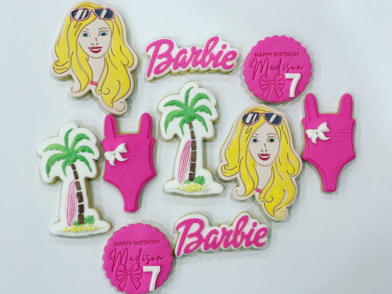Barbie Cookies with Blonde hair, pink dress and green palmtrees