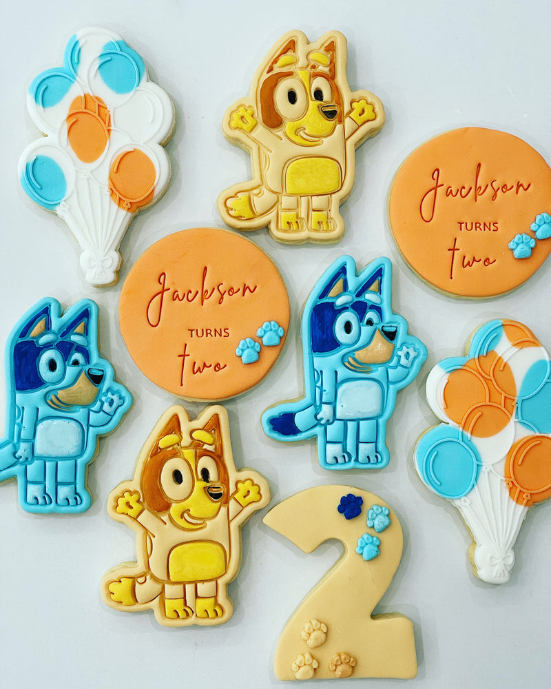 Bluey Cookie with yellow Bluey and orange kids Birthday Cookie