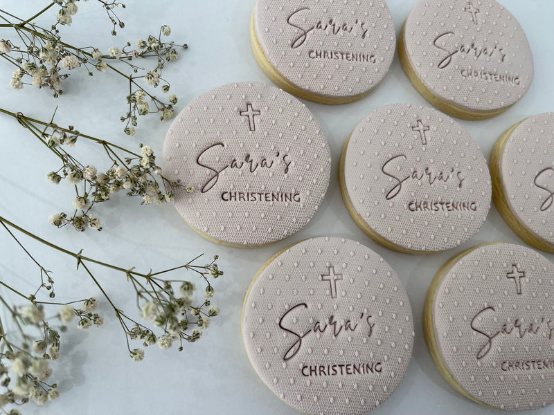 Taupe Circle Christening Cookies with custom name and cross