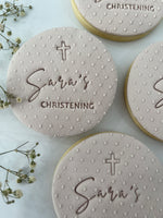 Taupe Circle Christening Cookies with custom name and cross