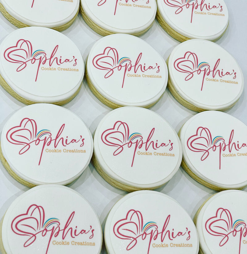 White Corporate Cookies with Sophias Cookies Creations Logo