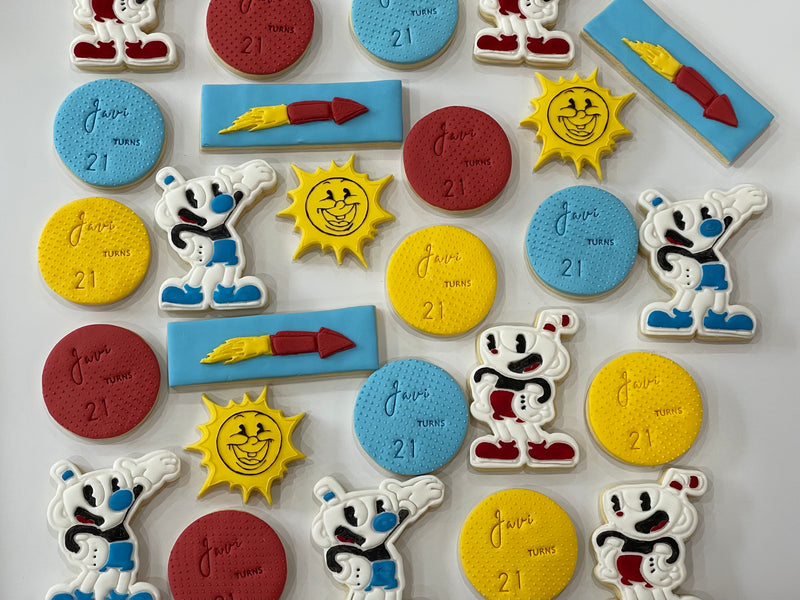Cuphead and Mugman Cookies with yellow sun and red rocket