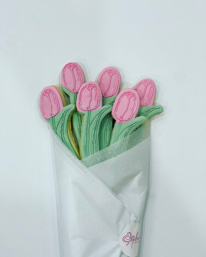 Pink Flower Cookies with Green Stems 
