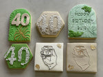 Happy 40th Birthday Party Cookies with Brown rectangle cookie and Square Birthday Cookie.  Whisky Glass Birthday Cookie in White and Brown.