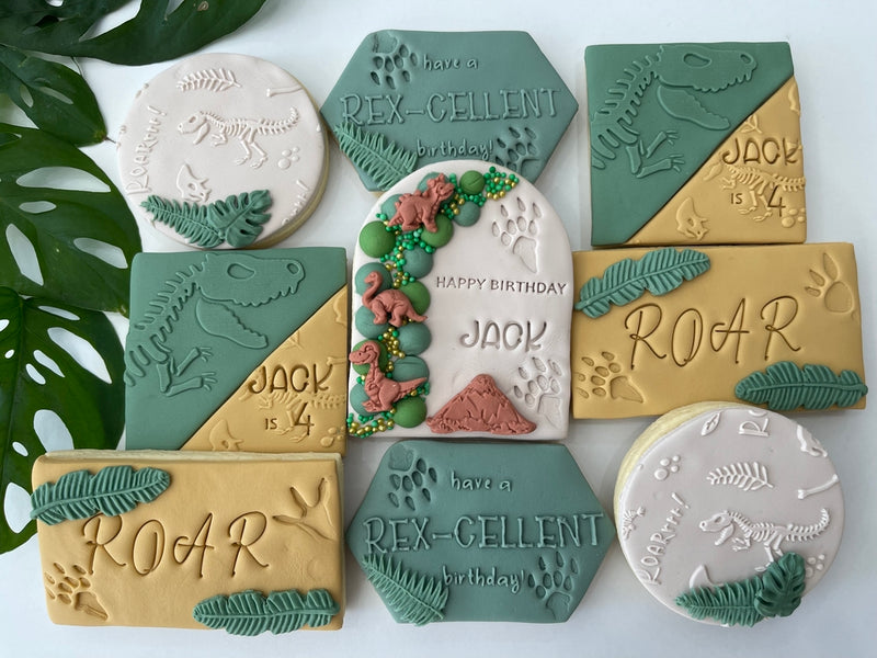 Jurassic Park Cookies in Gold, Green and White Colours with Square, Hexagon, Rectangle and circle shapes