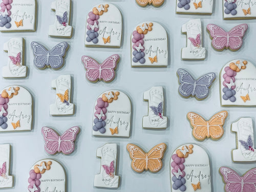 Personalised 1st Birthday Cookies with Arch and Rainbow Balloons, Pink Butterfly Cookies with Gold Sparkles and Orange Butterfly Cookies