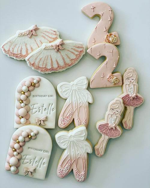 Personalised Ballerina Cookies with Ballerina shoe cookies, Ballerina dress cookies and Pink and White number cookies