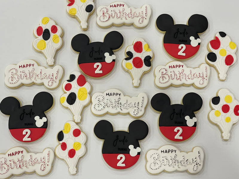 Personalised Mickey Mouse Cookies in Red and Black with Happy Birthday Cookies and Balloon Cookies