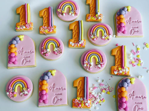Personalised Somewhere Over The Rainbow Cookies with Orange Number 1 Cookie and Pink Rainbow Arch Cookie