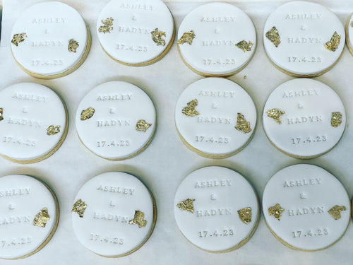 Personalised White Circle Wedding Cookies with Gold Leaf