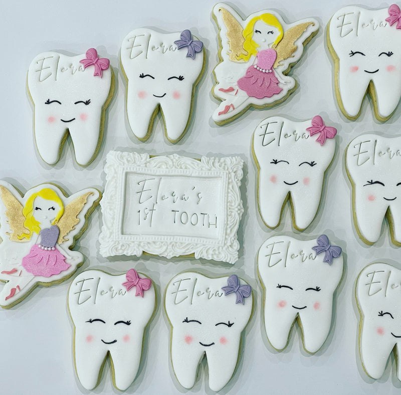 Personalised First Tooth Cookies with Tooth Fairy Cookie and Rectangle White Cookie