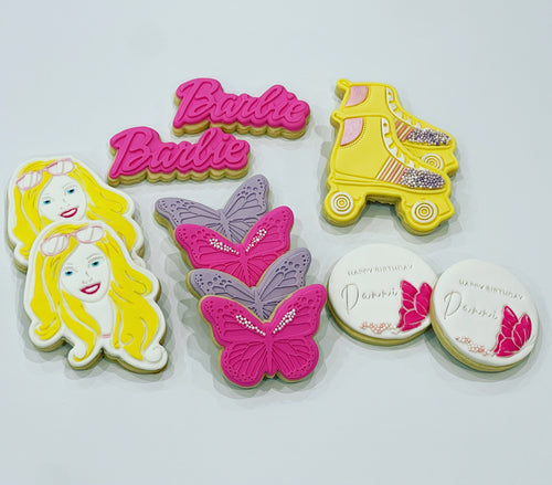 Personalised Roller Skate Barbie Cookies with Pink Butterflies and White Circle Cookie