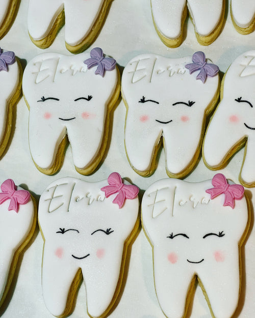 Personalised Teeth Cookies with Purple and Pink Bows