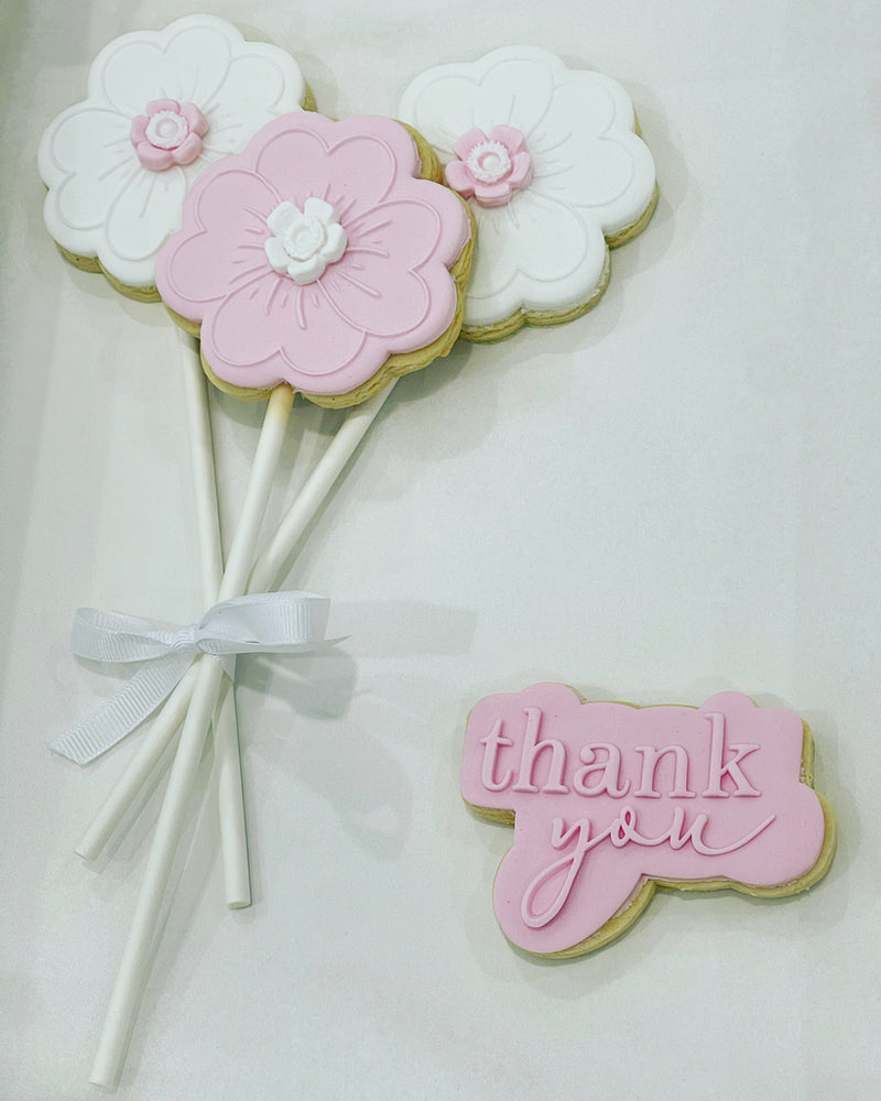 Pink Flower Cookies and White Flower Cookies with Pink Thankyou Cookie
