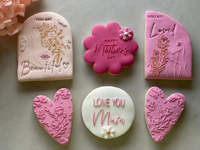 Pink Mothers Day Fondant Cookies with Pink Love Heart Cookies and Happy Mothers Day Flower Cookie
