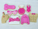 Pink Barbie Hens Party Cookies with Engagement Ring cookie, Pink Dress Cookie, Muscle Guy Cookie, Pink Penis Cookie, Pink Glasses Cookie, Personalised Wife to be Cookie, Finger Ring Cookie