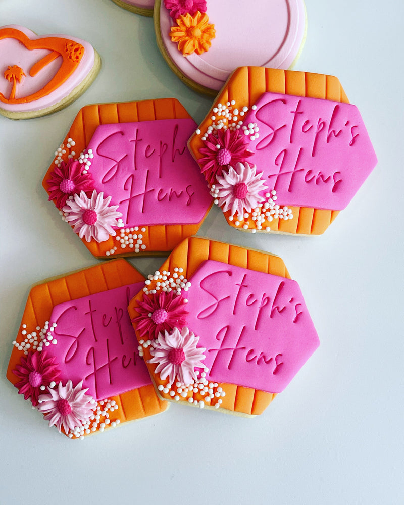 Pink personalised Hens Party Cookies in hexagon shape