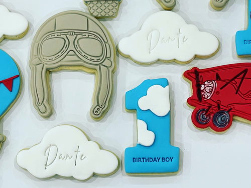 Plane Goggle Cookies with White Cloud and 1st Birthday Cookie