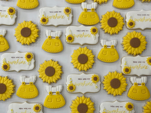 Sunflower Cookies with yellow dress and plaque
