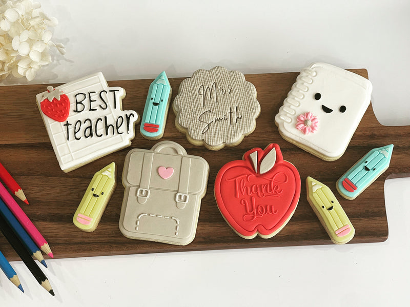 Teacher Appreciation Cookies Pack 4 including Best Teacher Cookie, Lunchbox Cookie, Red Apple Cookie and Pencil Cookies