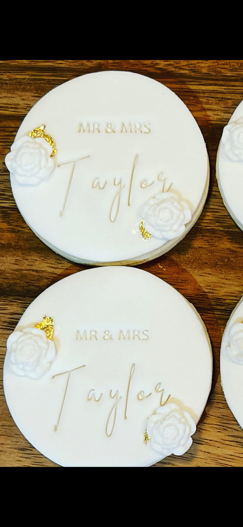 Two Personalised Wedding Cookies with White Rose and Gold Leaf