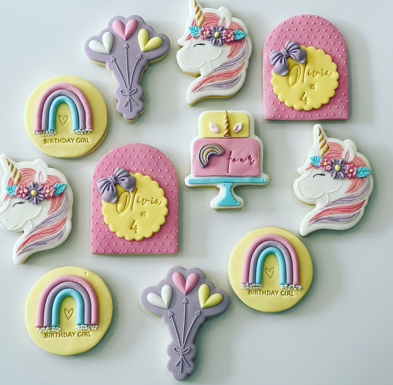 Unicorn Rainbow Cookies with Pink Personalised Arch Cookie set and Purple love heart cookies