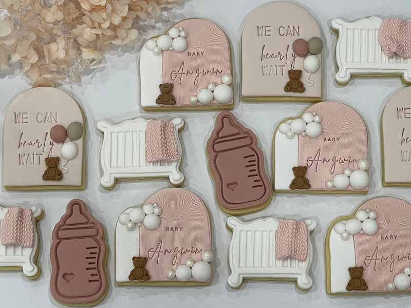 We Can Bearly Wait Cookies with Baby Cot Cookie, Baby Bottle Cookie and Personalised Double Arch Cookie