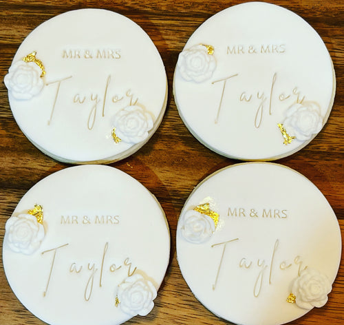 Personalised Wedding Cookies with White Rose and Gold Leaf